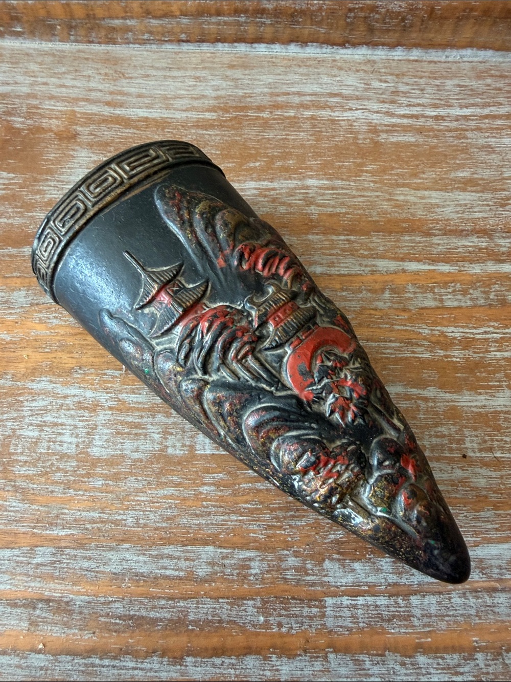 Decorative Black and Red Asian-Inspired Carved Horn Vase